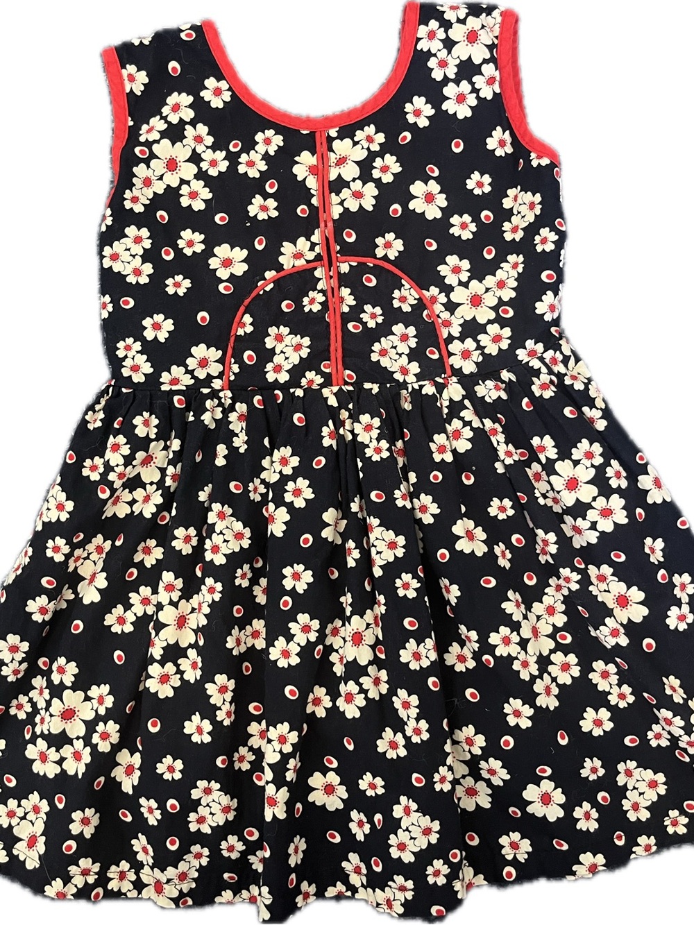Vintage Girls Black Floral Dress with Red Trim - Kids Dress
